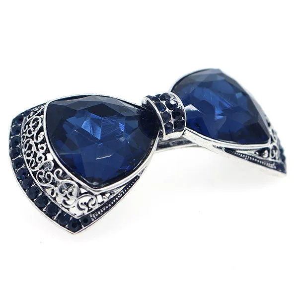 Vintage Filigree Bow Princess Slim Hair Barrette w/ Blue Rhinestones