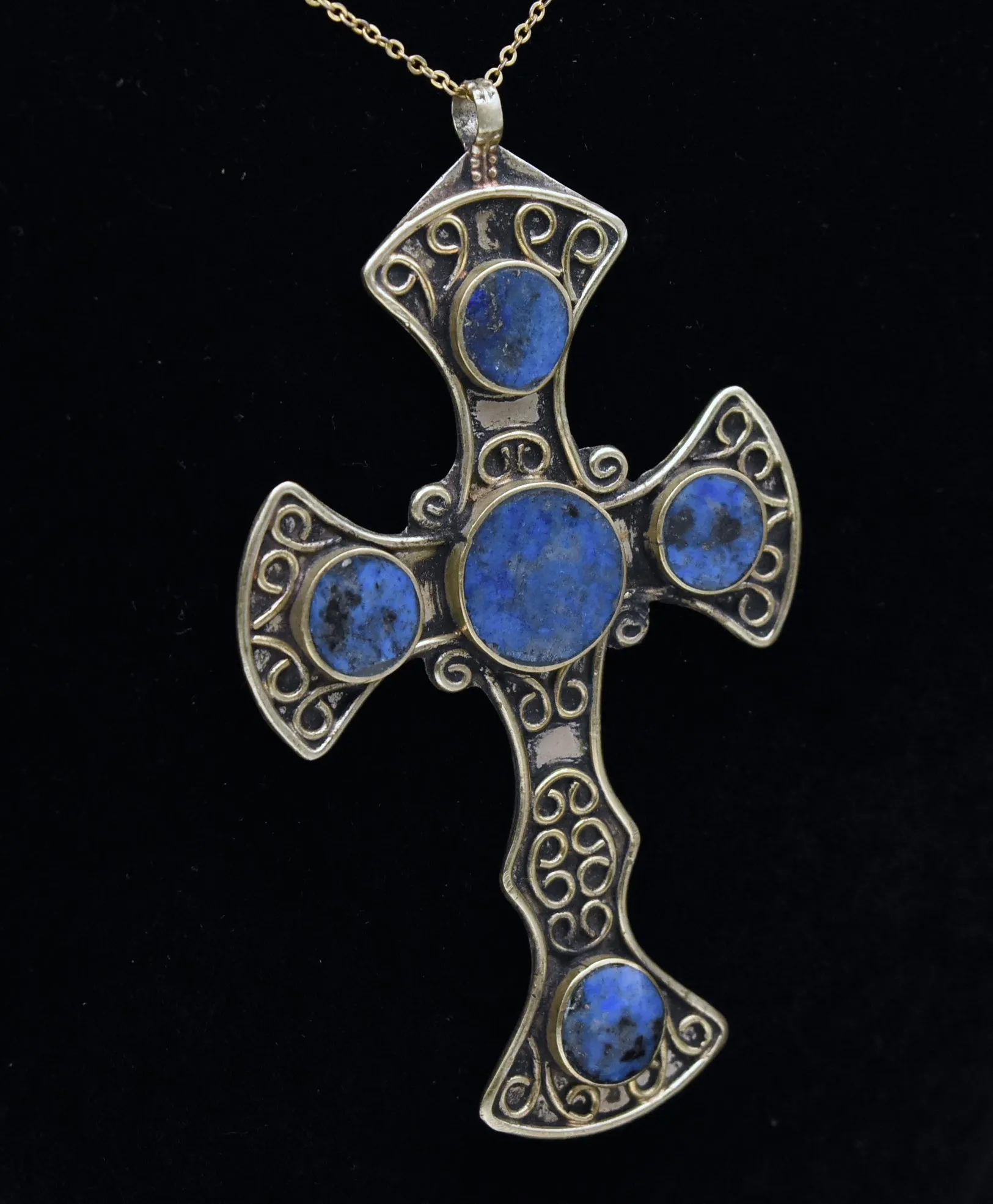 Vintage Lapis Lazuli Silver Tone Metal Cross Pendant Necklace - 17.75"