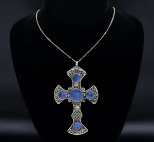 Vintage Lapis Lazuli Silver Tone Metal Cross Pendant Necklace - 17.75"