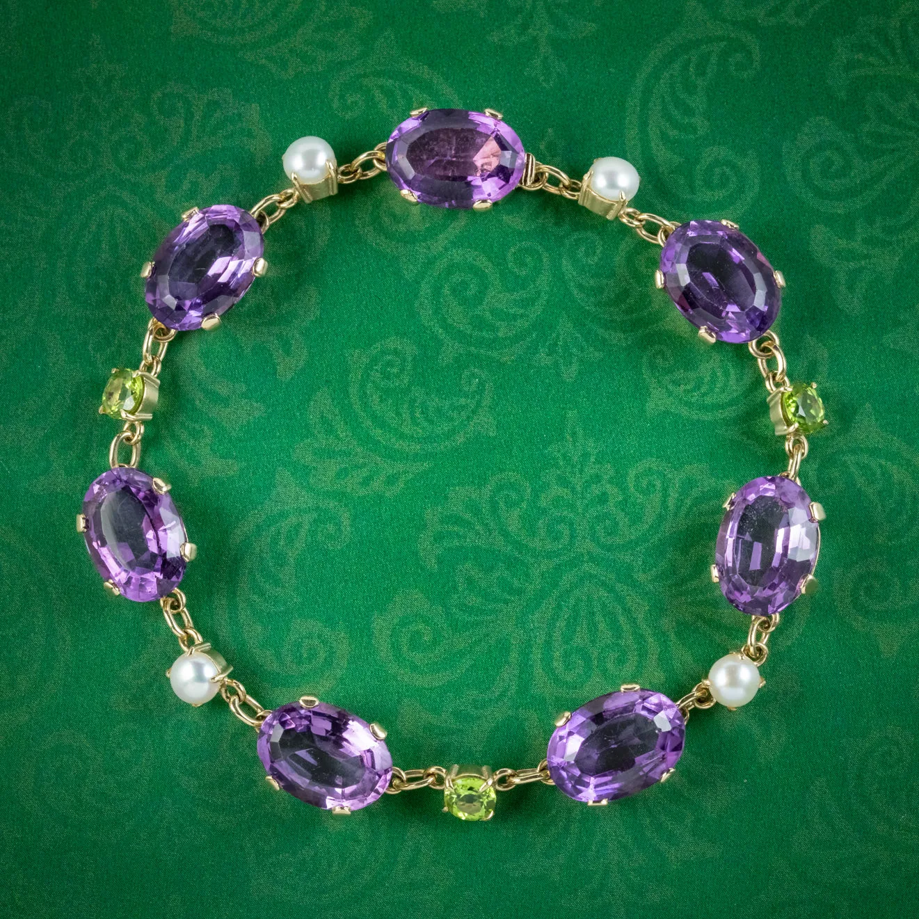 Vintage Scottish Suffragette Bracelet Amethyst Pearl Peridot 9ct Gold Dated 1967