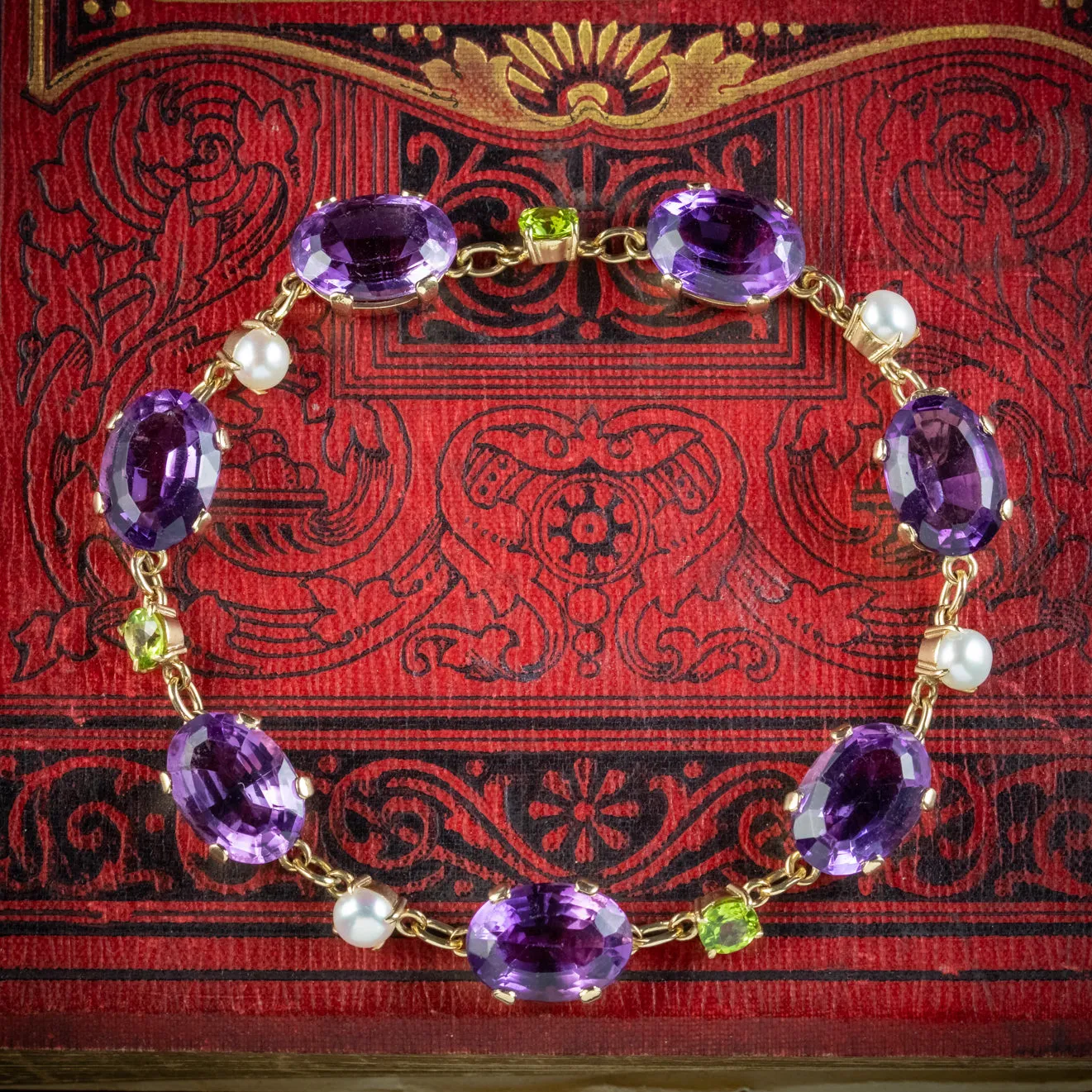 Vintage Scottish Suffragette Bracelet Amethyst Pearl Peridot 9ct Gold Dated 1967