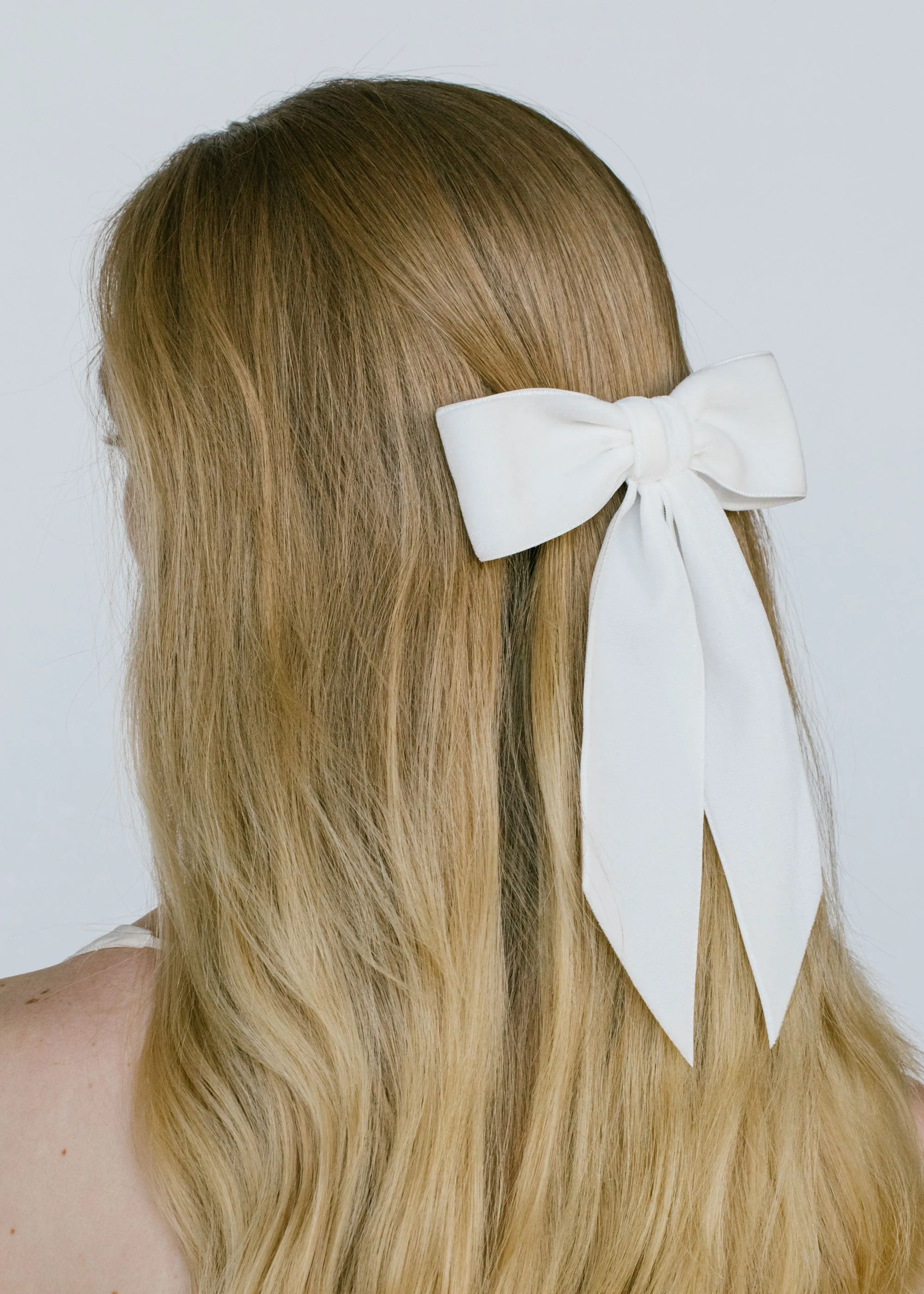 Wide Velvet Bow Barrette -- Cream