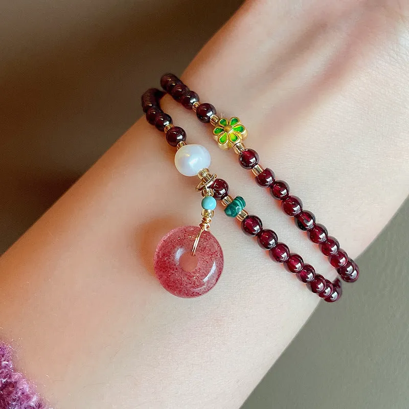 Women's Double Circle Crystal Natural Garnet Bracelet