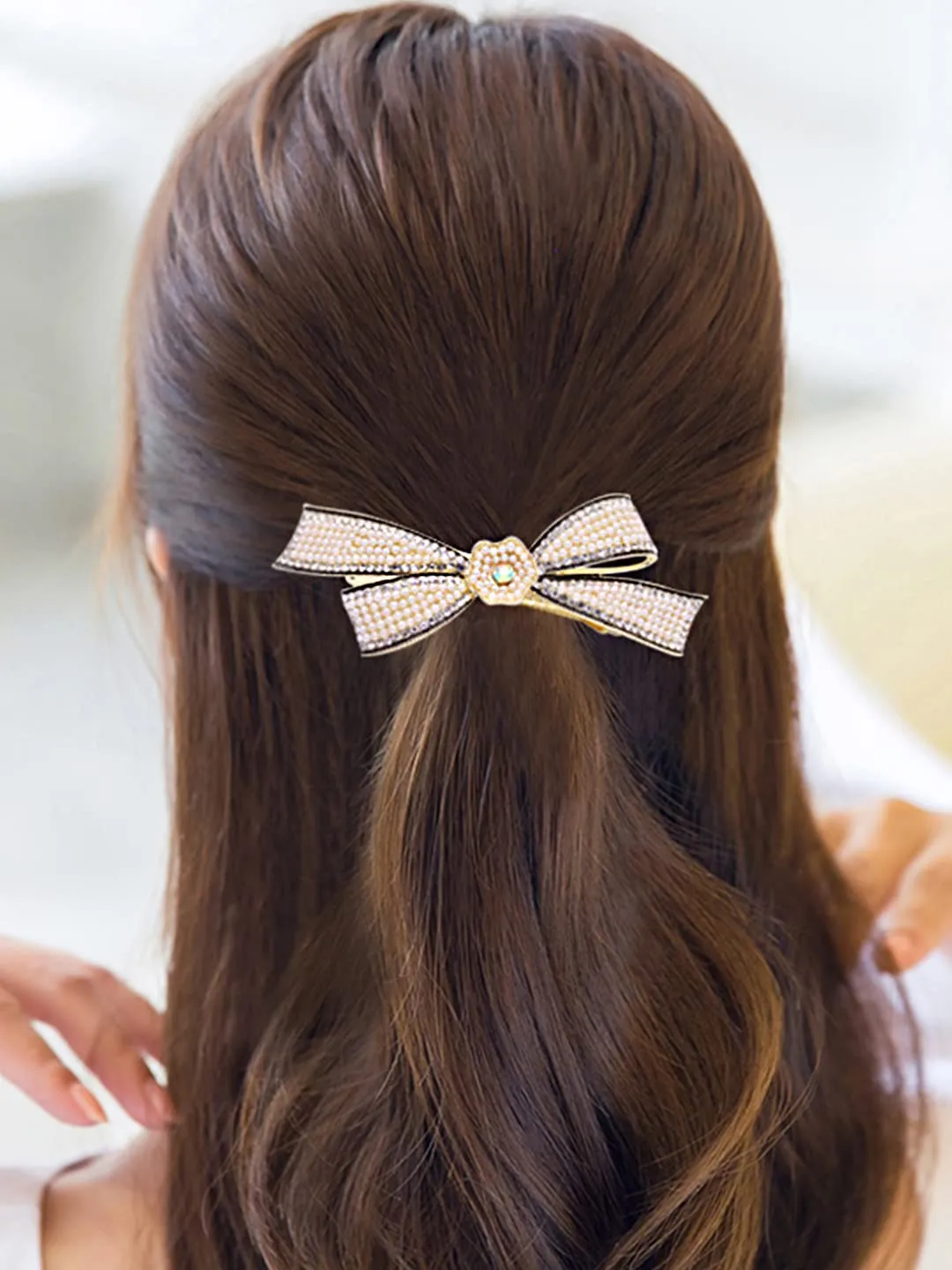 Yellow Chimes Hair Clips for Women Girls Barrette Hair Clips for Women Hair Accessories for Women Bow Clips for Women White Pearl French Barrette Hair Clips for Women and Girls Gift For Women & Girls