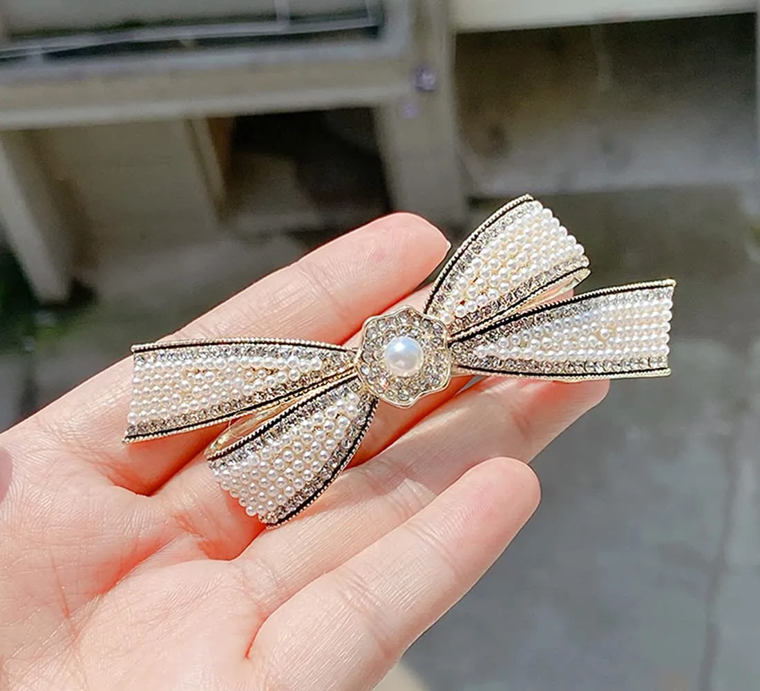 Yellow Chimes Hair Clips for Women Girls Barrette Hair Clips for Women Hair Accessories for Women Bow Clips for Women White Pearl French Barrette Hair Clips for Women and Girls Gift For Women & Girls